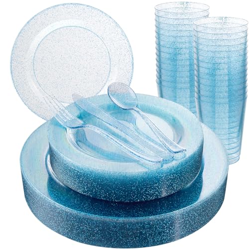 Rubtlamp 180Pcs Blue Glitter Dinnerware Set(30 Guests), Blue Plastic Plate With Glitter Disposable Silverware, Glitter Plate Set Include 30Dinner Platos, 30Dessert Platos, 90Cutlerys, 30Cups for Party