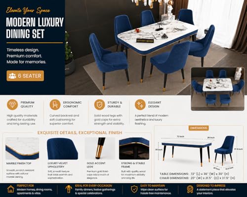 Image of WOODEN SPACE 6-Seater Wooden Dining Table Set | Nano Composite Marble Top | Solid Wood Base | Modern Dining Room Furniture with 6 Chairs (Navy Blue Modern Vento)