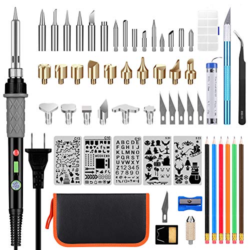 GEYOTAR Wood Burning Kit,Professional Pyrography Pen Set,60W Temperature Adjustable Soldering Iron with Switch,Wood Embossing/Carving/Soldering Tips,5 Stencil,6 Pencils,Solder Wire,Stand (Black)