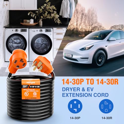 Image of Nilight 25FT EV Dryer Extension Cord 4 Prong 30 Amp NEMA 14-30P 14-30R Old Cable Heavy Duty 10 Gauge Pure Copper Wire UL Listed 125 /250V for Level 2 Using