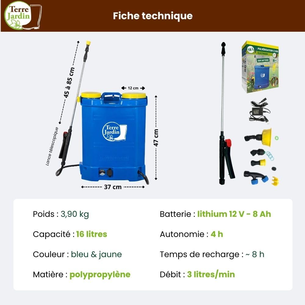 TERRE JARDIN Pulvérisateur Électrique Rechargeable 16L - Pulvérisateur de Jardin Dorsal à Batterie 12V avec Lance Télescopique et 4 Buses - Pulvérisateur pour Toiture, Plantes et Désherbage