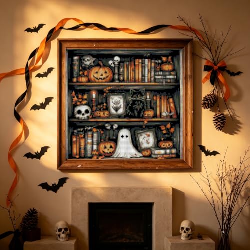 Image of Halloween Beginner Stamped Cross Stitch Kits Arts and Crafts for Adults | Ghost Embroidery Starter Kit for Adult Beginners, 11CT Pumpkins Needlepoint Counted Cross-Stitch Patterns Dimensions Kit