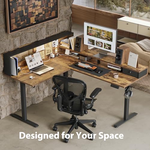 Image of Agilestic L-Shaped Electric Standing Desk, 63x55 Inch Ergonomic Adjustable Height Desk with Storage, Stand Up Corner Desk Sit Stand Computer Table Power Outlet & LED Lights, Office Table, Rustic Brown