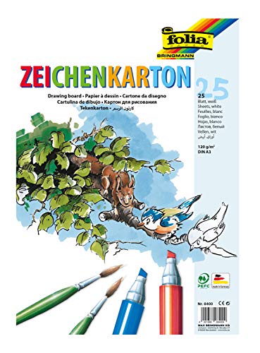 folia 8400 - Zeichenkarton 120 g/qm DIN A3 25 Blatt weiß - Zeichenpapier für vielfältige kreative Ideen