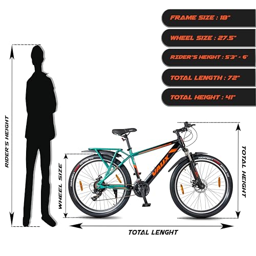 Image of Vaux Stallion-Pro 27.5T Gear Cycle for Men with Carrier, 27.5inch MTB with 21 Speed Shimano Gears, Front Suspension, Dual Disc Brakes, 18 inch Hi-Ten Steel Frame, Double Wall Alloy Rims(Green-Black)
