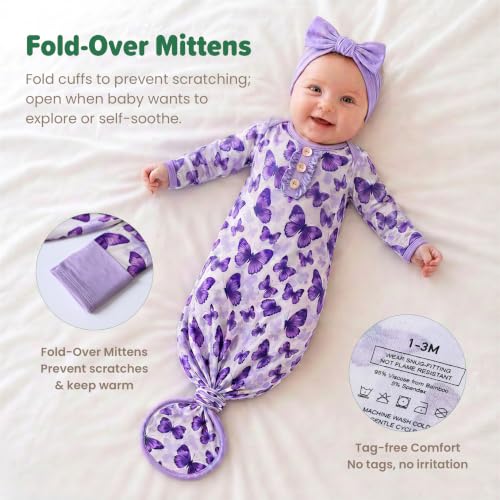 Image of Baby Newborn Knotted Gown, Soft Breathable Viscose from Bamboo for Infant Home Coming Outfit, Knotted Gown with Headband
