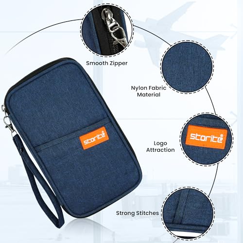 Image of Storite Nylon Travel Family Passport Holder Wallet Organizer for Credit Debit Card Boarding Pass with Removable Hand Strap for Men and Women(Blue)