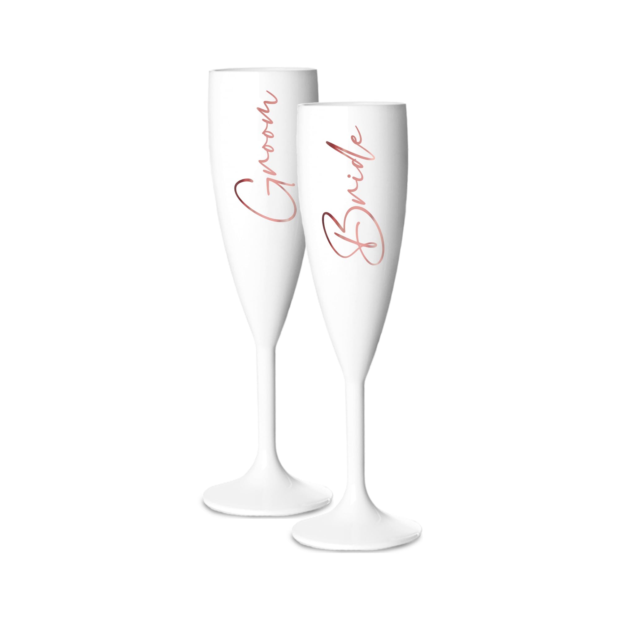 Print Maniacs Champagne Premium White Flute Glass Bride Groom Mr Mrs Wedding Maid Honour Wine Cocktail Prosecco Celebrations Gift (Rose Gold, Bride + Groom Set)