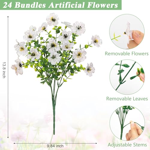 Image of Bassion 24 Bundles Artificial Flowers for Outdoors Fake Flowers, White | UV resistant, silk flowers, realistic faux plants for outdoor planter, window box porch patio garden home outside decor