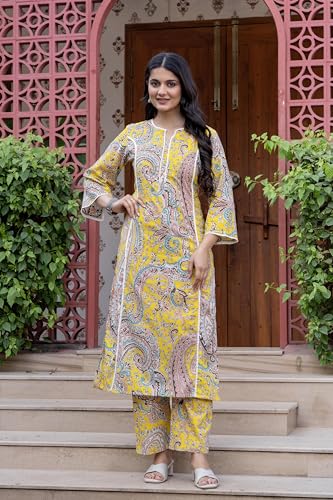 Image of Pistaa's Women Pure Cotton Paisley Printed A-Line Kurta with Pants Set