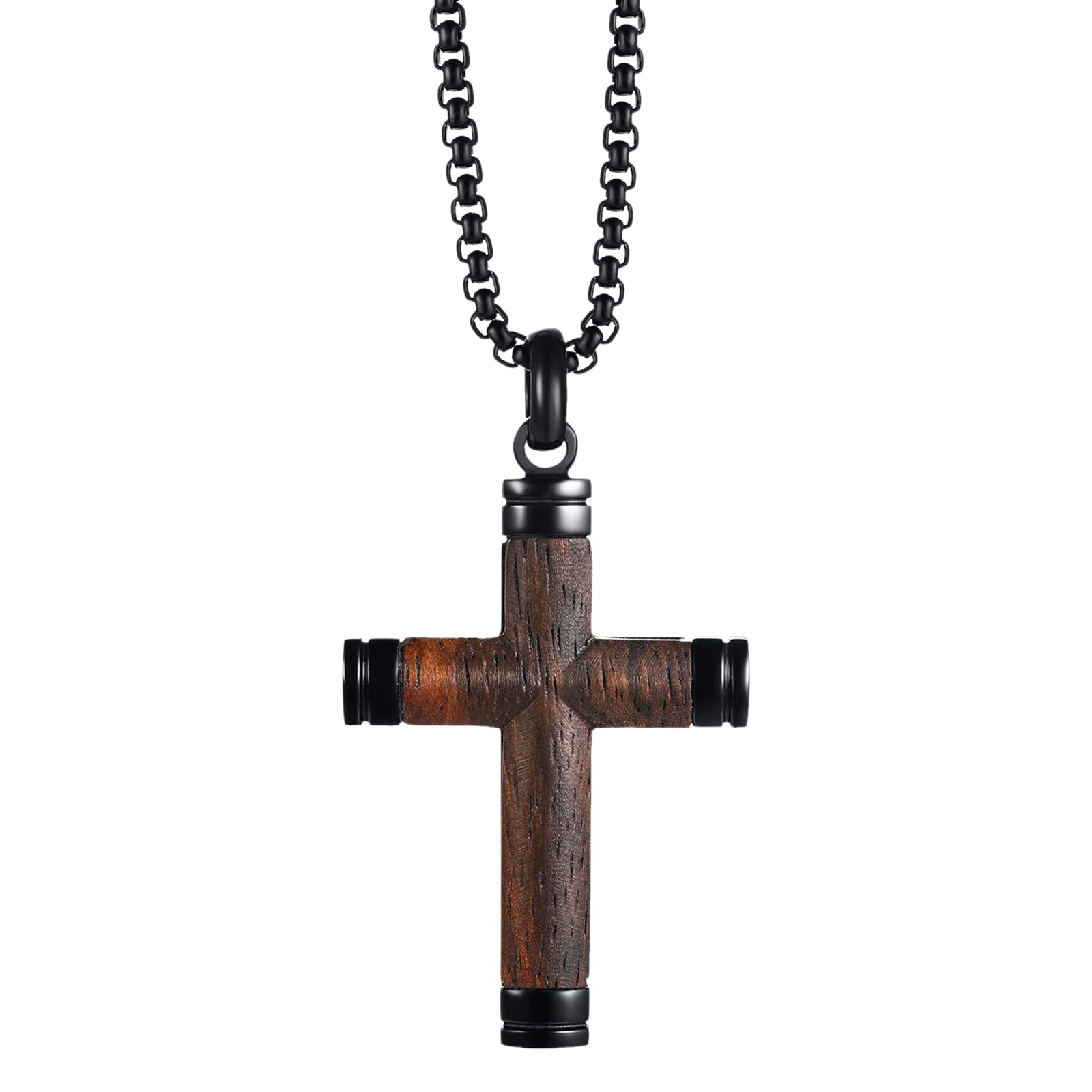 JewelryWe Collar Cristiano Cruz Hombre: Colgante Cruz de Madera de Acero Inoxidable Cadena de 22 Pulgadas Joyería Religiosa - Para Oraciones Amuletos Regalos