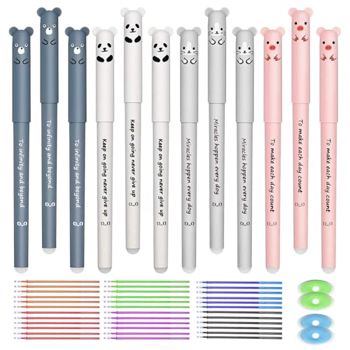 XIAQICA 12pcs Bolígrafo Borrable 0,35mm Bolígrafos Gel Borrables Animales Kawaii Goma Borrar Boligrafo con 40 Recarga Repuesto + 4 Gomas Adecuadas para Bocetos Pintura y Escritura