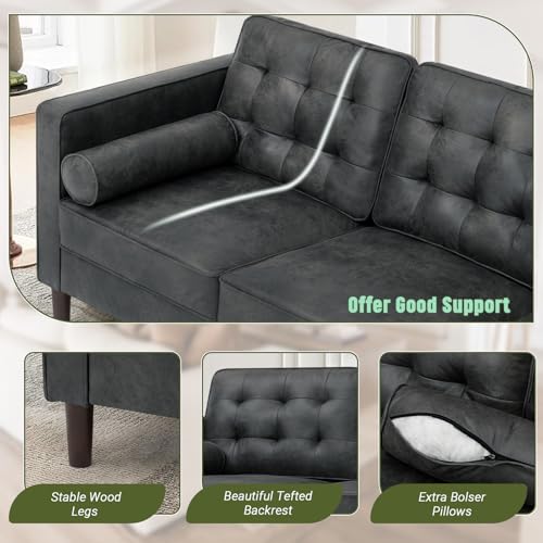 Image of Suede Leather Upholstered Sofa Set with Tufted Backrests, Grey | 3 Seaters Couch and Loveseat Sofa with Bolster Pillows, 2 Pieces Living Room Set for Living Room, House