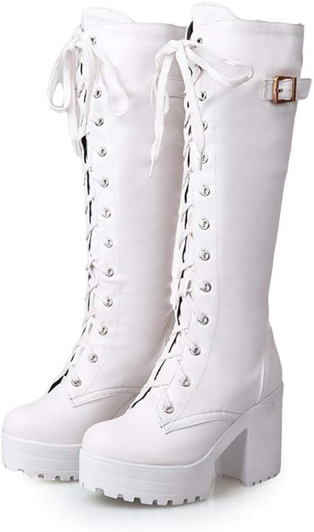 HILIB Woman Fashion Sexy High Heel Boots Women Lace Up Thick Platform Knee High Square Heel Winter Shoes