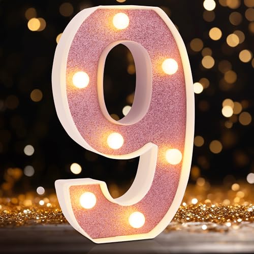 Image of LED Marquee Numbers, Small Light Up Numbers for Party, 8.58 Inch Battery Powered Lighted Number for Birthday, Night Light, Table or Home Decor (Pink Glitter, Number 9)