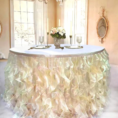 Image of Luxury Organza Mesh Table Skirt Draping Floating Romance - Perfect for Bridal Showers, Birthday Weddings - Clear Flowing Decoration for a Wonderful Main Cake Table (Champagne-6ft, 72 inchLx30 inchH)