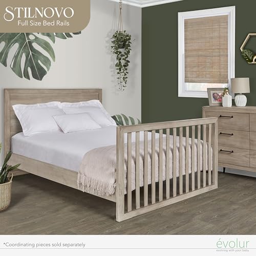 Image of Evolur Stilnovo Mid Century Convertible Crib Wooden Full Size Bed Rail I Lasting Quality, Windsor Oak Grey