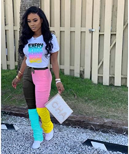 Casual 2 Piece Outfit Sets for Women Color Block Short Sleeve T-Shirts + Stacked Flare Pants Tracksuit Sweatsuit - Image 5