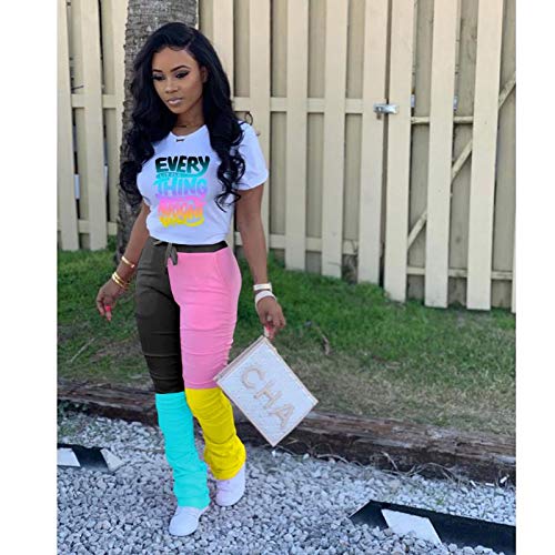Casual 2 Piece Outfit Sets For Women Color Block Short Sleeve T-Shirts + Stacked Flare Pants Tracksuit Sweatsuit A-Black #TOP4