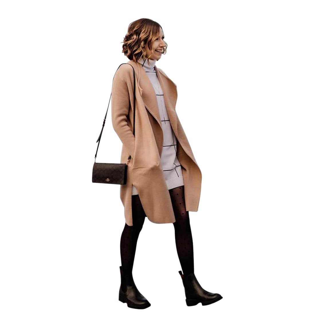 CHICWISHWomen's Classy Light Tan Open Front Knit Coat and Grid Turtleneck Sweater Dress, Size XL