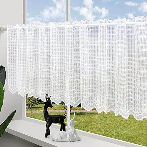 ZHH Lace Window Valance Sheer White Curtains Square Lattice Cute Cafe Curtain for Window Decor Beautiful Farmhouse Style 17-Inch by 60-Inch