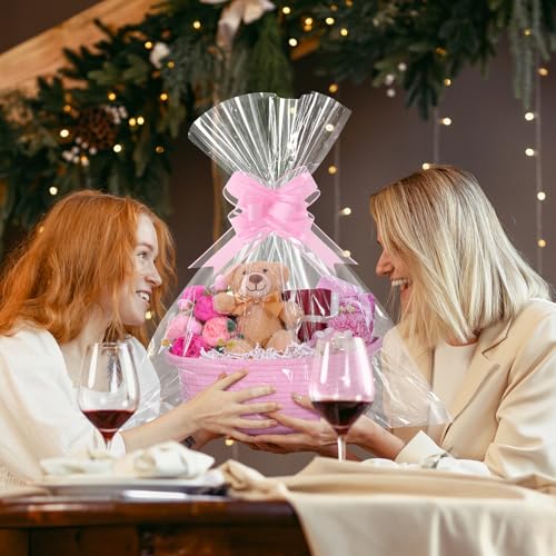 Image of Colingmill Woven Basket with Gift Bags and 2 Ribbons, Raffia Grass Paper Shred Filler, Gift Card, Empty Small Rope Basket for Storage Presents Toy Organizer(Pink,12 * 8 Inch)