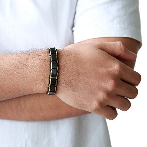 COOLSTEELANDBEYOND Magnetic Stainless Steel Mens Gold Black Power Element Bracelet with Magnets and Free Link Removal Kit4