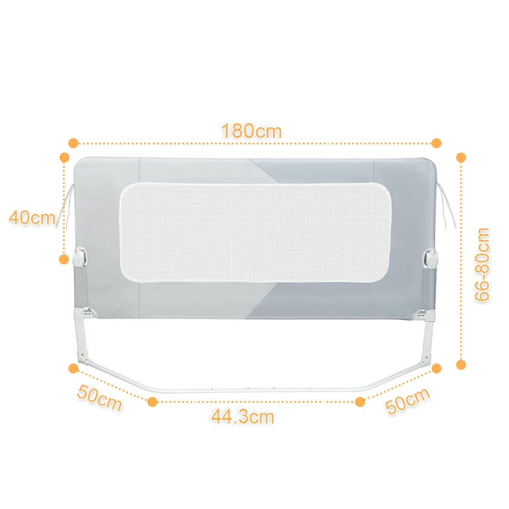 HUOLE Barriera per letto per tutti i piccoli, pieghevole e portatile, telaio in metallo anti-caduta regolabile in altezza, telaio in metallo robusto, 180 x 73 x 86 cm - Doppio pezzo Grigio