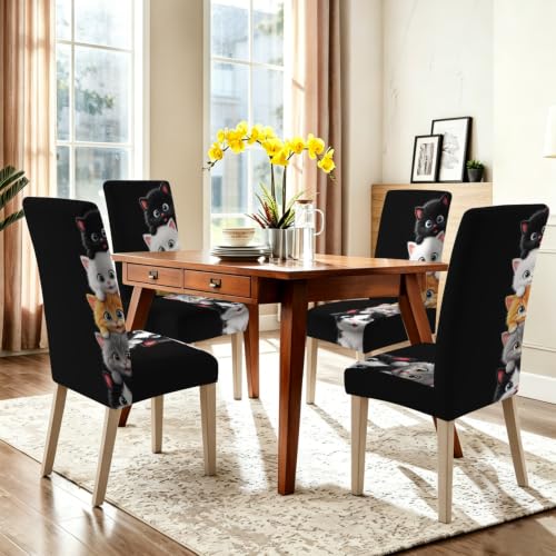 Image of Cute Kitten Dining Chair Covers Set of 4, Cat Stretch Slipcovers