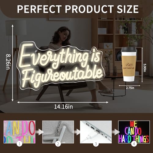 Image of Everything is Figureoutable Neon Sign, Dimmable Neon Signs for Wall Decor Letter Light up Sign, Inspirational Classroom Wedding Room Desk for Home Decor 14.96 x 8.26 inch
