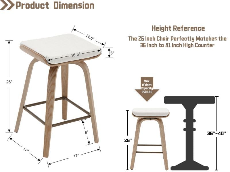 Image of HNY 26 inch Swivel Bar Stools Set of 6, Backless Counter Height Bar Stools with Removable Linen Cushion, 360 Swivel Wooden Saddle Stools with Footrest for Kitchen Island, Home Bar & Small Spaces