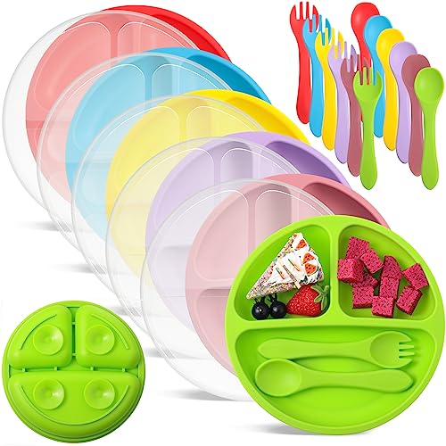 Image of Meanplan 6 Pack Suction Plates for Toddlers with Lids Silicone Baby Plates set Food Grade Silicone Divided Design BPA Free Microwave and Dishwasher Safe Assorted Colors(Bright Colors)