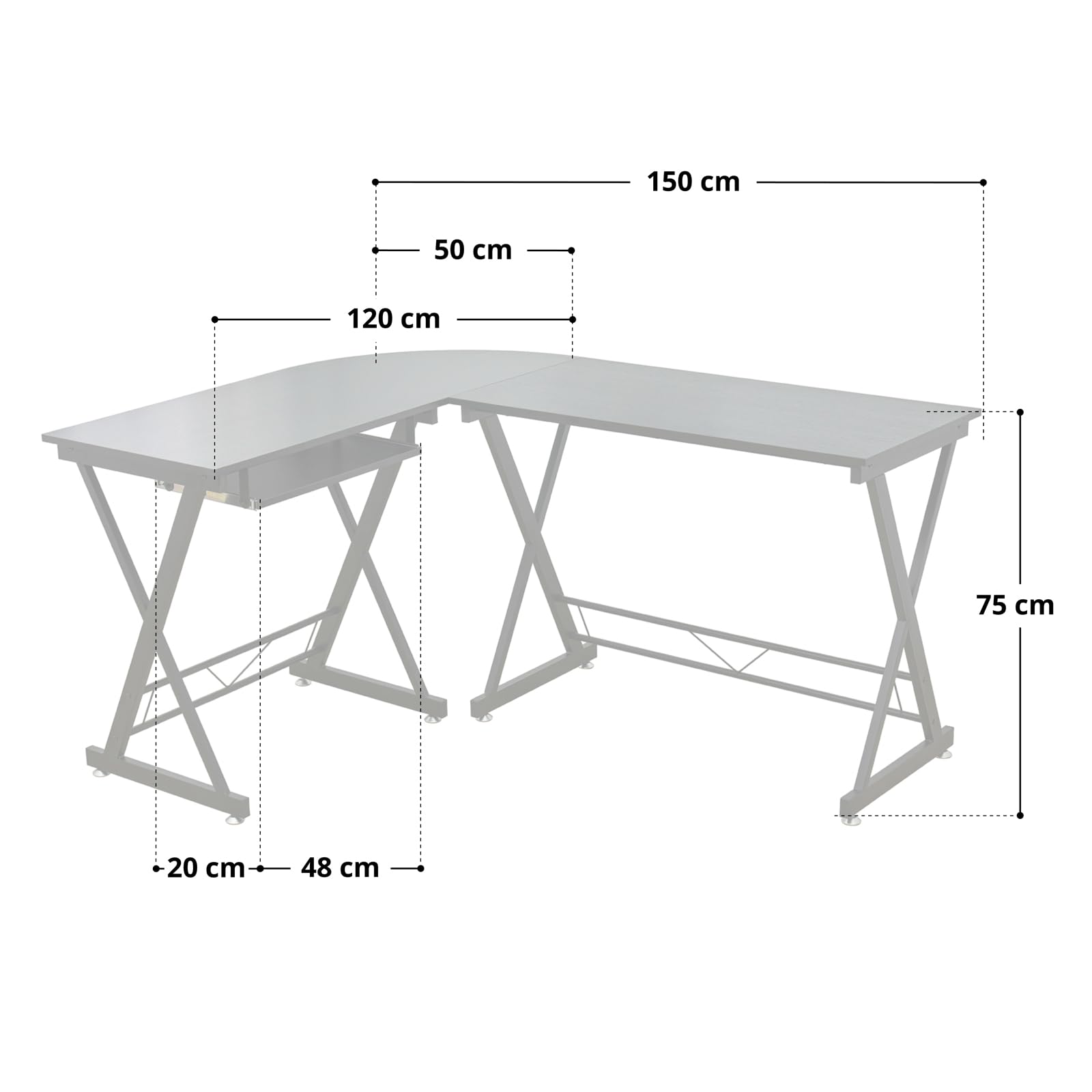 SVITA ECKHART Eckschreibtisch 150x120 Cm – Weiße Metallbeine, Eiche-Optik, Mit Tastaturschublade & Computerstativ