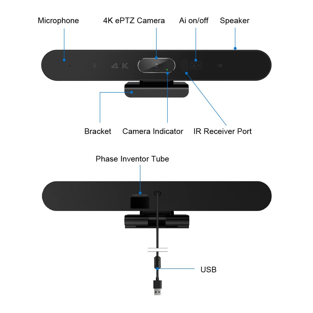 EagleBar Pro2 Caméra de visioconférence 4K ePTZ AI Face Tracking Haut-Parleur Microphone conférence télécommande Compatible Zoom MS Teams OBS