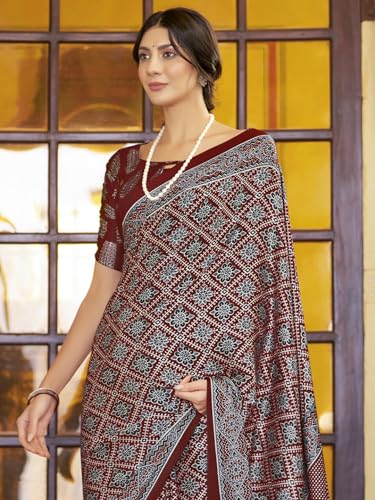 Image of SAREE MALL Women's Ajrkh Print Satin Crepe Polka Dot Printed Saree With Unstitched Blouse Piece
