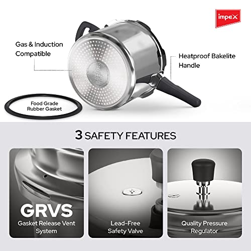 Image of Impex 5 Litre Pressure Cooker Induction base with Outer Lid, Pressure Cooker With Quick and Even Heating, Virgin Grade Aluminium Pressure Cooker, 5 Years Warranty (Silver) (Induction Base, 5 Litres)