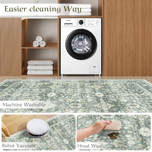 HOMFINE 8x10 Area Rugs for Living Room - Washable Area Rug Non-Slip Carpets, Low Pile Floral Vintage Print Pattern Rug Carpet Stain Resistant for Bedroom Dining Room Home Decor Office, Green — view 4
