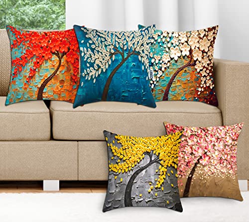 Image of CIDIZY Jute Tree Small Cushion Covers, 12x12 Inch or 30cm x 30cm, Multicolour, Set of 5