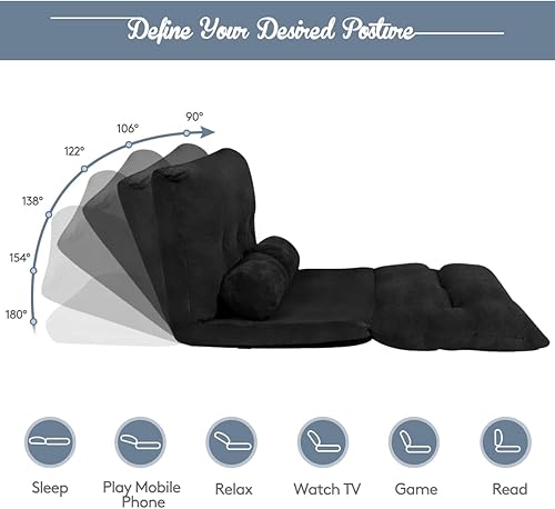 Miniatura 6 de Giantex Sofá ajustable de suelo con 2 almohadas, sofá cama plegable multifuncional de 6 posiciones, asiento de piso de gamuza multifuncional para