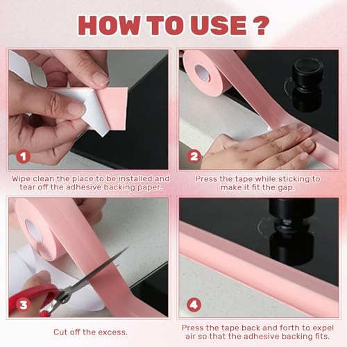 Image of 2 Rolls Caulk Tape Waterproof Self Adhesive, 1.4 inch x 10.4 Ft Caulking Tape Sealant Strip, Peel and Stick Caulk Strip, Toilet Base Sealer Strip for Sealing Bathtub Shower Edge Protector (pink)
