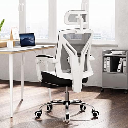 Hbada Ergonomic Office Chair High Back Desk Chair Recliner Chair with Lumbar Support Height Adjustable Seat, Headrest- Breathable Mesh Back Soft Foam Seat Cushion with Footrest, White