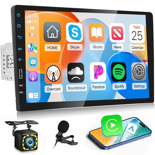 Techschermo Single Din Car Stereo with Wireless Carplay and Android Auto 9 Inch Touchscreen Car Radio with Bluetooth EQ Audio Mirror Link SWC FM 7 Color Backlight + 12leds Rear View Camera