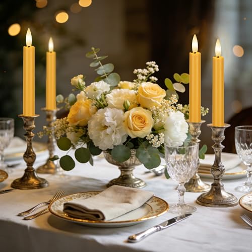 Image of Yellow Flameless Taper Candles with Remote, 6.4 inch Battery Operated LED Candles, Flickering Flameless Candlesticks for Table Centerpieces, Wedding, Farmhouse, Dinner Decor, Set of 6