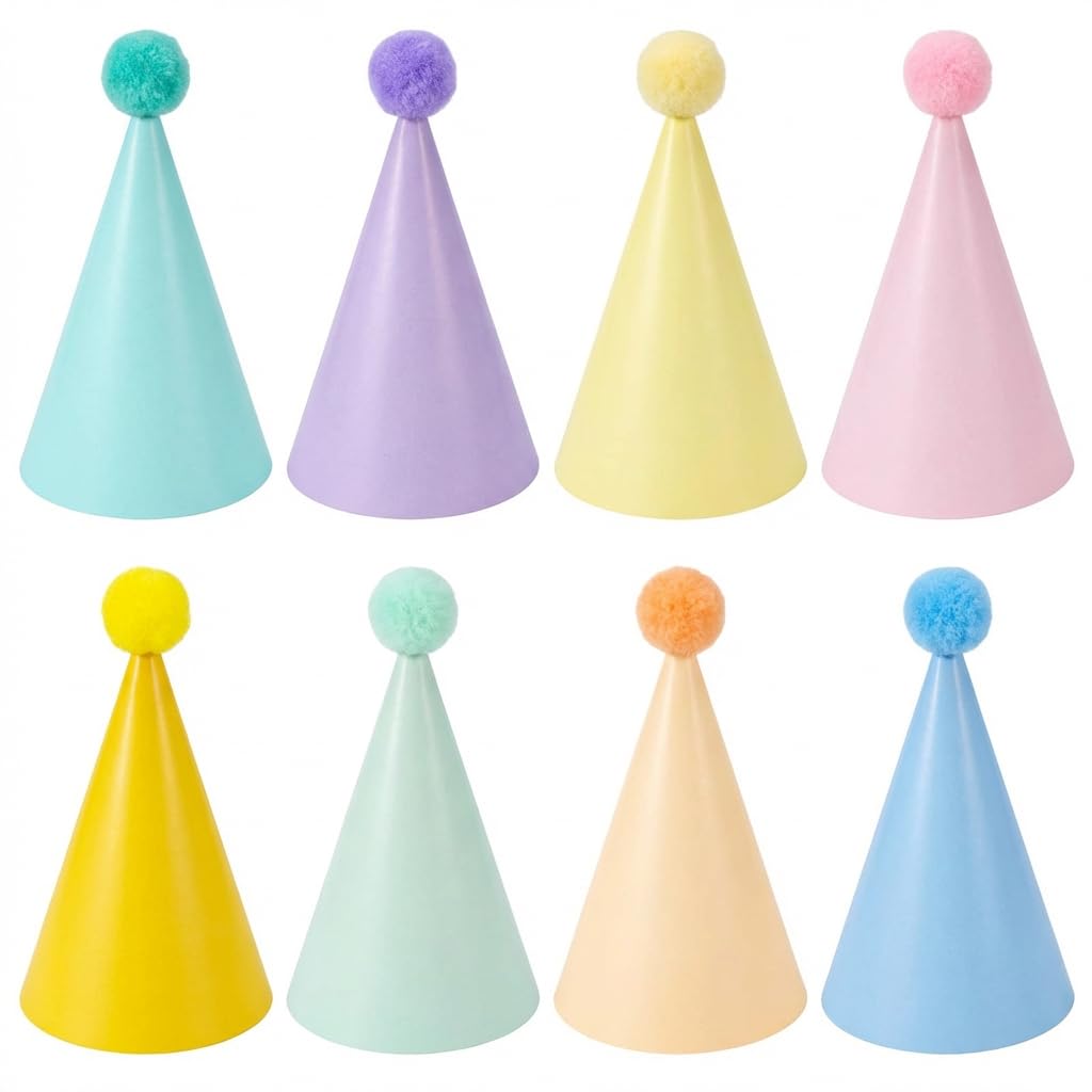 CYMYGS 8 Pc Party Hats, Mini Paper Party Hats, Paper Birthday Hat Adjustable, Colorful Cone Hat for Parties with Pom Poms for Man or Woman, Birthday Parties, Housewarming and Celebrations