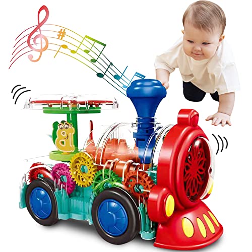 Image of Tooty Toy Transparent Sensory Train Toy -Interactive Light up Toys for Kids- Musical Train Toys with LED Light for Toddlers- Colorful Moving Gears- Tummy Time Crawling Baby Toy