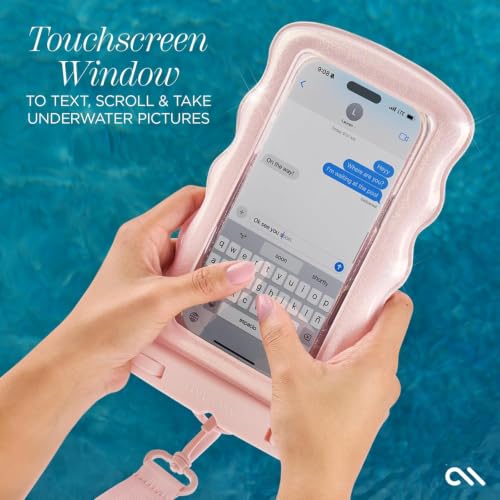 Image of Case-Mate Wavy IP68 Large Waterproof Phone Pouch - Ballet Pink Twinkle | Hidden Pocket for Card /Cash - Floating Mobile Cover w /Crossbody Lanyard - Fits All Phones - Travel Accessory for Beach & More