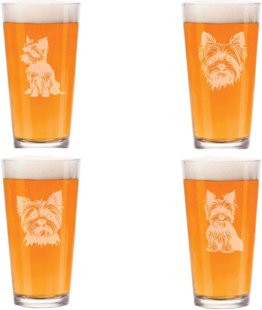 MIP 16 oz Beer Pint Glass Gift Set Of 4 Yorkie Yorkshire Terrier Collection