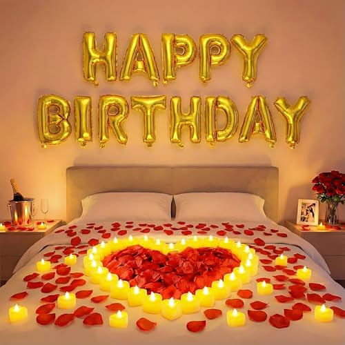 Image of Red and Gold Happy Birthday Balloons Decorations Happy Birthday Letter Balloons Banner Set 24pcs Heart Flameless LED Candles 2000pcs Artificial Rose Petals for Women Men Room Party Decor
