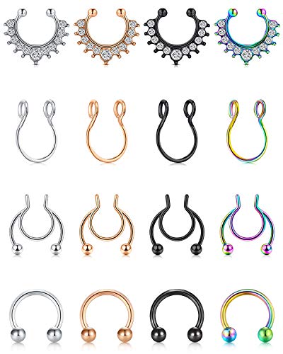 LAURITAMI 18G 20G Stainless Steel Fake Septum Jewelry Nose Rings Hoop Clip-on Non Piercing Faux Nose Ring Fake Cartilage Earring Piercing Jewelry for Women Men