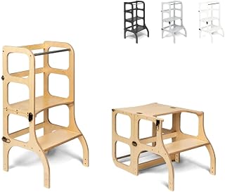 Ette Tete Step’n’Sit® Montessori Torre - Mesa de Aprendizaje Convertible • Multifuncional 2 en 1 (con Cierres de latón Antiguo, Madera)